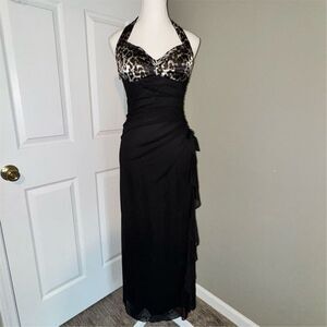 Blondie Nites Womens Cheetah Leopard Print Halter Formal Maxi Length Gown